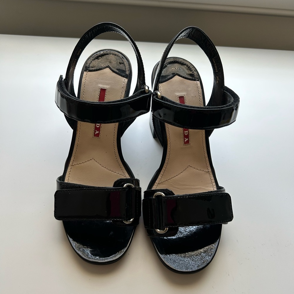 Prada Patent Block Heel Sandals